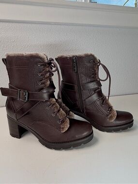 UGG Shearling Lined Leather Moto Combat Boots Brown Lug Sole women Size 8 winter